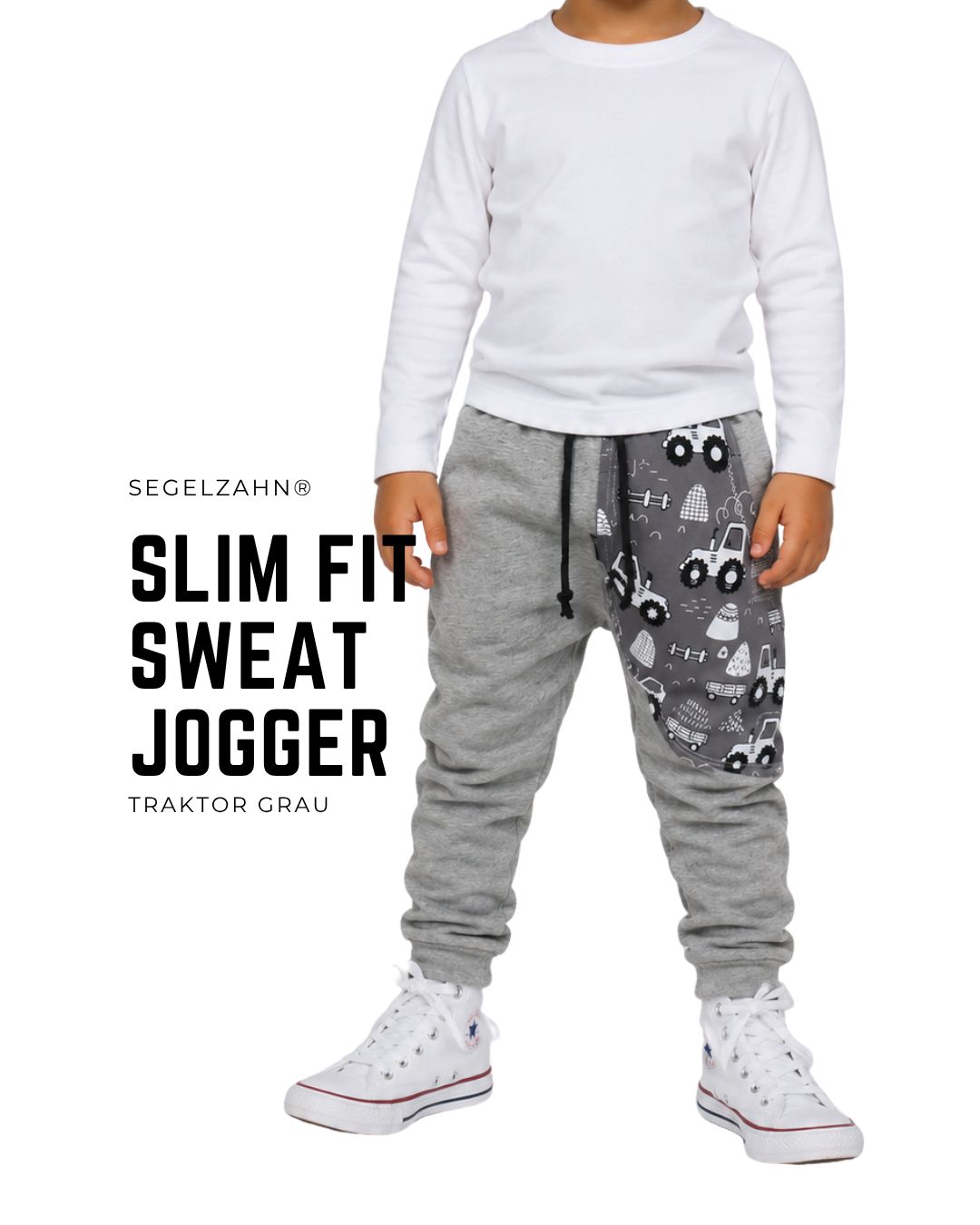 Kinder Jogginghose Traktor Grau | Slim Fit Sweathose Jungen | Bequeme Kindergartenhose | Traktorhose Graue Kinder Jogginghose im Slim-Fit-Schnitt mit Traktor-Muster, weichem Sweatstoff und elastischem Bund