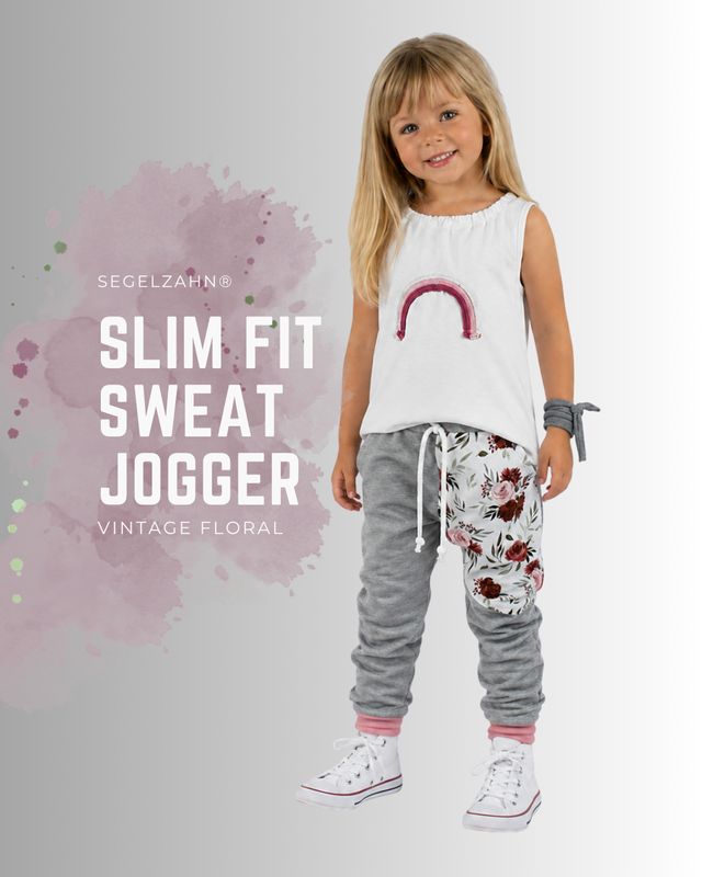 Sweathose Mädchen Blumen | Slim Fit Kinderhose Grau | Mitwachshose Floral | Handmade Jogger | Vintage Mädchenhosen Handgemachte Slim Fit Sweathose für Mädchen in Grau mit großer floraler Pfingstrosen-Seitentasche, rosa Bündchen