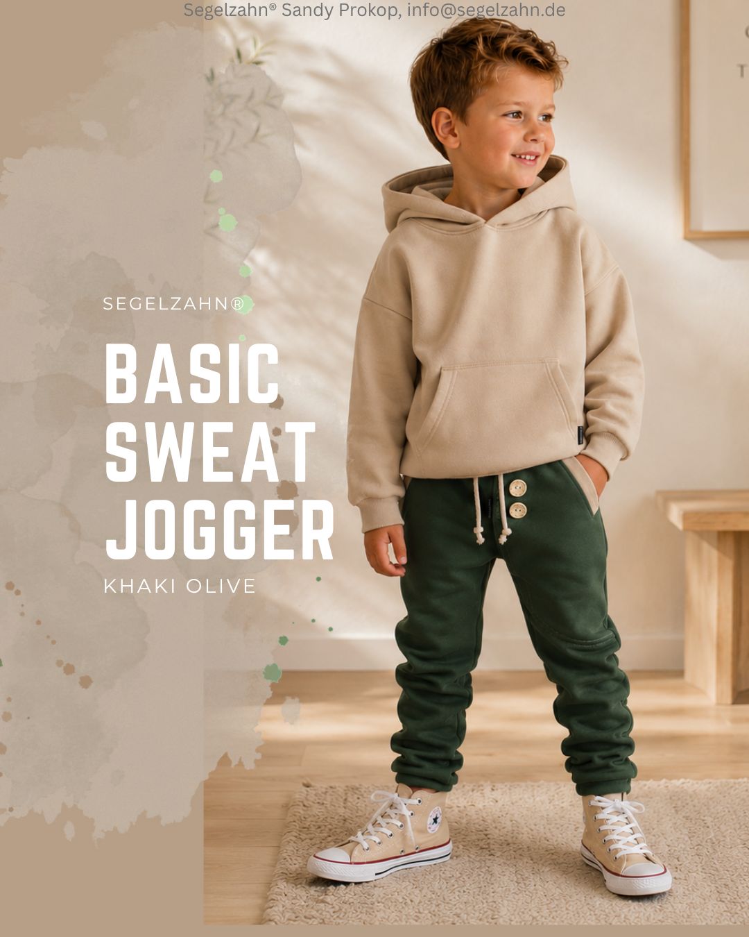 Kinder Jogger Hose Khaki Olive – Slim Fit Sweatpants mit Mitwachsbündchen Slim Fit Kinder Jogger Hose Khaki Olive mit Mitwachsbündchen und Taschen, kombiniert mit beigem Hoodie, handmade