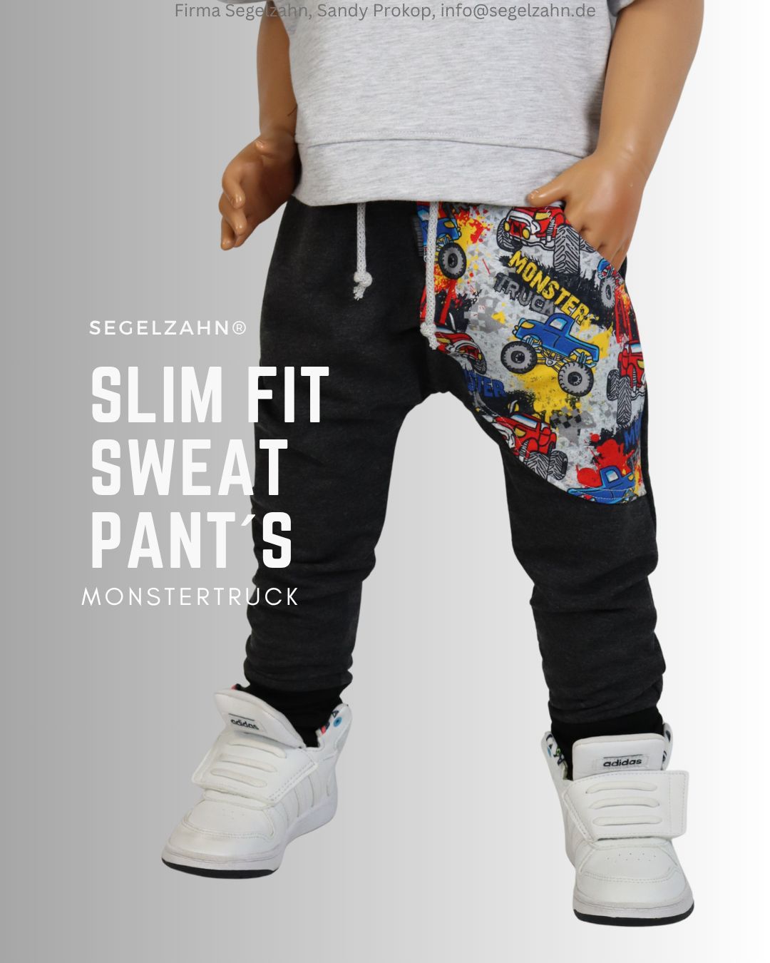 Slim Fit Hose Kinder, Sweat Jogger Unisex Grau für Jungne und Mädchen, Kinderhose mit Seitentasche und Monstertruckmotiv