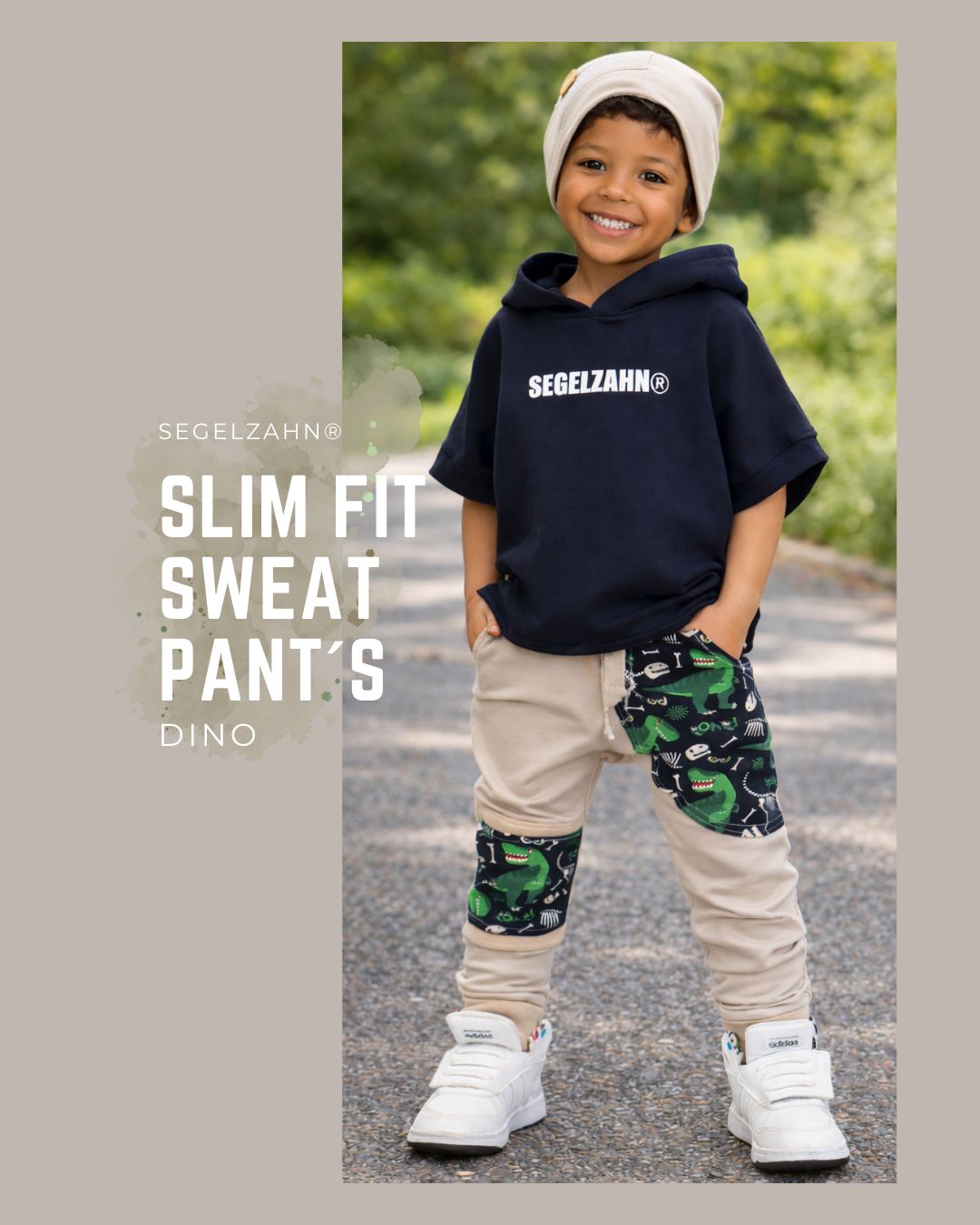 Sweat Hose Kinder, Slim Fit Schnitt, Unisex Kinderhose aus weichem French Terry Sweatstoff in Beige mit großer Seitentasche D