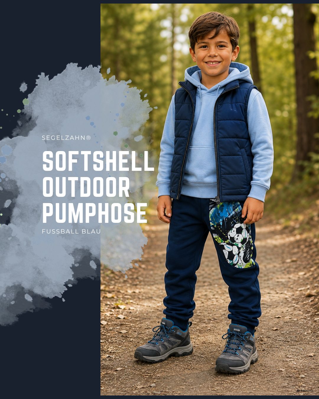 Softshellhose Kinder gefüttert Fußball | Outdoorhose Jungen wasserabweisend | Regenhose mit Fleece | Übergangshose Blau | Matschhose Unisex Junge trägt dunkelblaue Softshellhose mit Fußballmotiv und Fleecefutter für Herbst und Winter.
