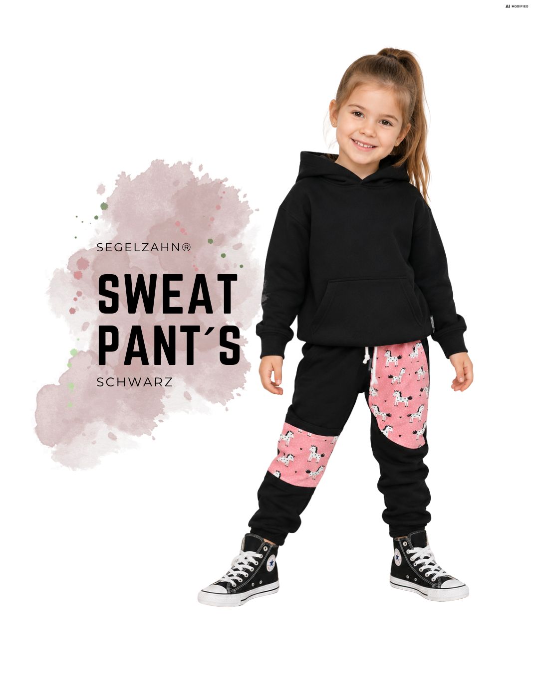 Schwarze Sweathose für Mädchen mit rosa Einhorn-Motiv, Mitwachsbündchen und verstärktem Kniebereich