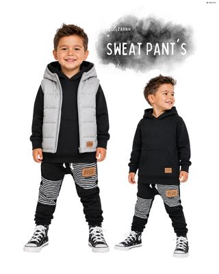 Kinder Jogginghose Schwarz – Slim Fit Mitwachshose | Unisex Sweatpants für Jungen & Mädchen | Handmade Kinderkleidung Jungen Hosen Kinder Jogginghose schwarz mit gestreiften Kniepartien – bequeme Sweatpants für Jungen