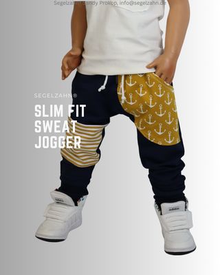 Sweat Hose Kinder, blaue Slim Fit Jogger Unisex für Jungen und Mädchen, Kinderhose maritim Sommer, Sweathose mit großer Seite