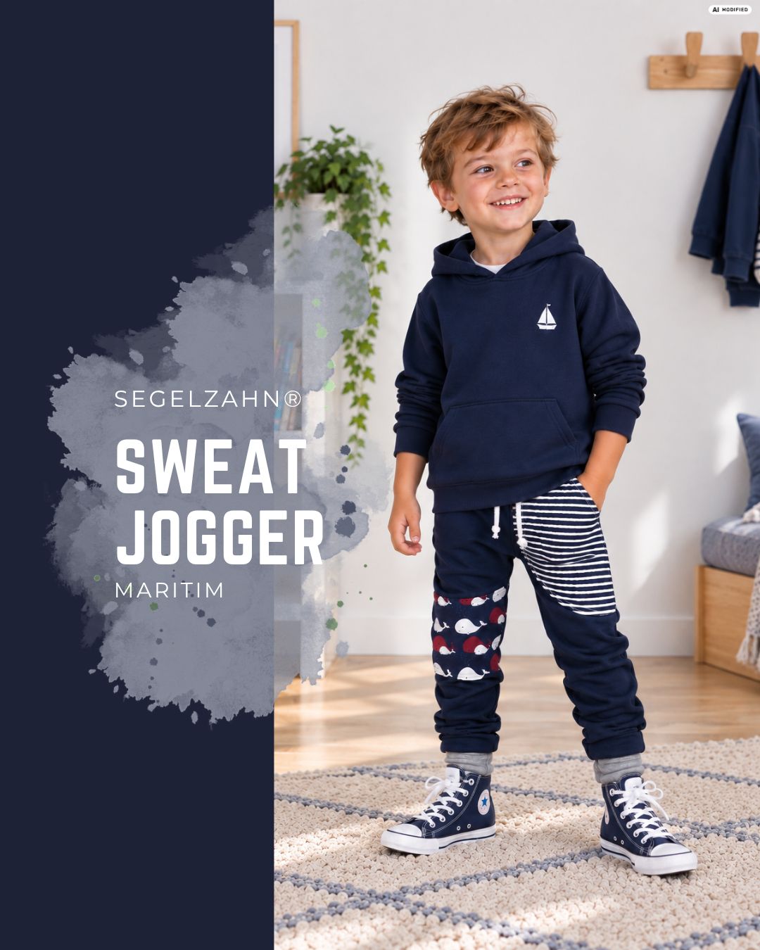 Maritime Kinder Sweat Hose mit Wal-Motiv – Dunkelblau | Mitwachshose aus French Terry Kinder Sweat Jogger in Dunkelblau mit Wal-Motiv und maritimer Streifentasche, bequemer Relaxed Fit