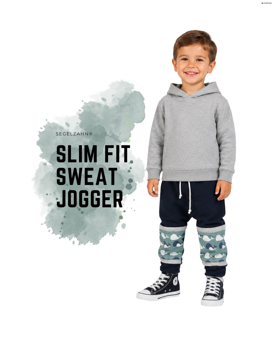Kinder Sweat Hose Blau | Mitwachshose Junge Kind Baby | Jogginghose Kind & Baby | Kinderhose Sweat Waldkindergarten Unisex Slim Fit Sweat Jogger für Kinder in Dunkelblau und Old Mint mit maritimem Wal-Design. Die Hose hat elastische Bündchen