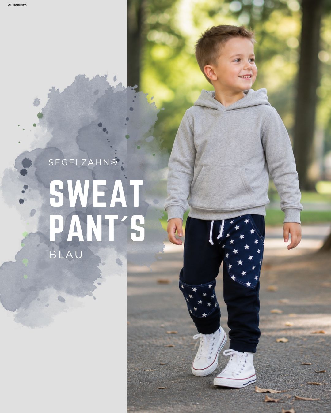 Handgemachte Kinderhose aus dunkelblauem French Terry Sweat mit Sternen und weichen Mitwachsbündchen