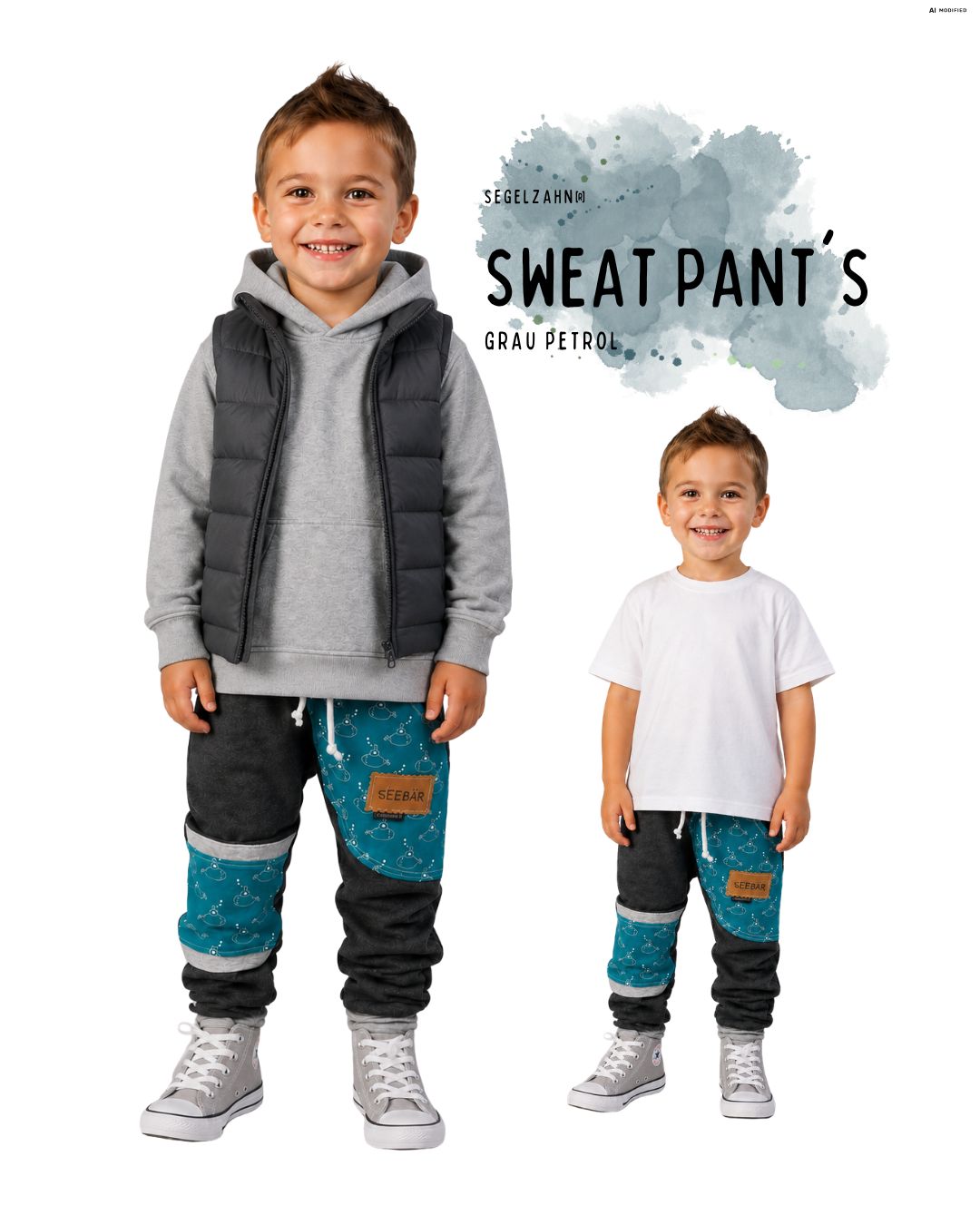 Kinder Sweathose zum Mitwachsen Unisex für Jungen & Mädchen | Jogginghose Anthrazit | Kitahose Waldkindergarten | Petrol Kinder Sweathose in Dunkelgrau mit petrolfarbenem U-Boot-Motiv und bequemen Mitwachsbündchen