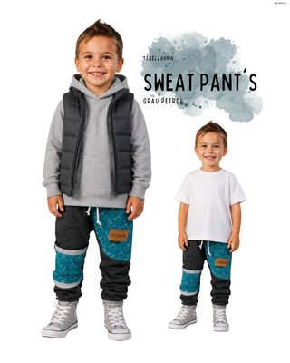 Kinder Sweathose zum Mitwachsen Unisex für Jungen & Mädchen | Jogginghose Anthrazit | Kitahose Waldkindergarten | Petrol Kinder Sweathose in Dunkelgrau mit petrolfarbenem U-Boot-Motiv und bequemen Mitwachsbündchen