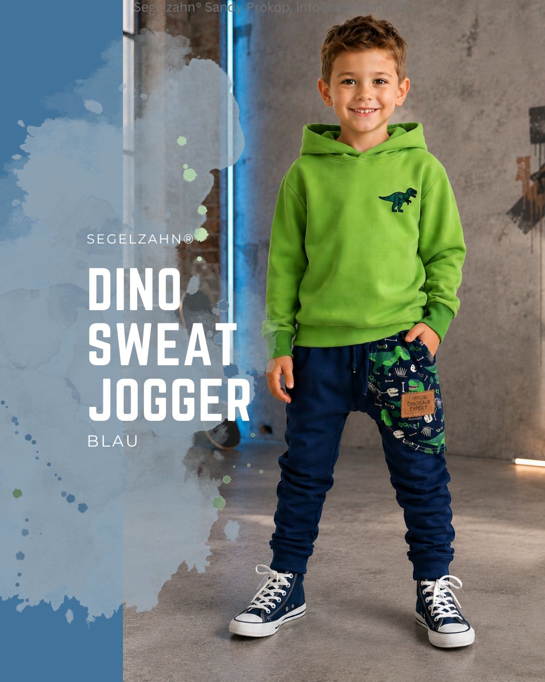 Dino Jogginghose Kinder Blau | Mitwachshose aus Sweatstoff | Dinosaurier Hose | Unisex Dino Jogginghose für Kinder in Blau aus weichem Sweatstoff mit Dinosaurier-Tasche und Mitwachsbündchen