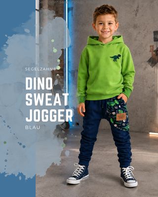 Dino Jogginghose Kinder Blau | Mitwachshose aus Sweatstoff | Dinosaurier Hose | Unisex Dino Jogginghose für Kinder in Blau aus weichem Sweatstoff mit Dinosaurier-Tasche und Mitwachsbündchen
