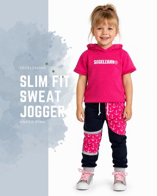 Mitwachshose Kinder | Slim Fit Sweat Jogger Schwarz Pink | Anker Maritim Pink | Jogginghose Mädchen Kinder Slim Fit Sweat Jogger in Schwarz mit pinkem Ankerdesign und verstärktem Kniebereich