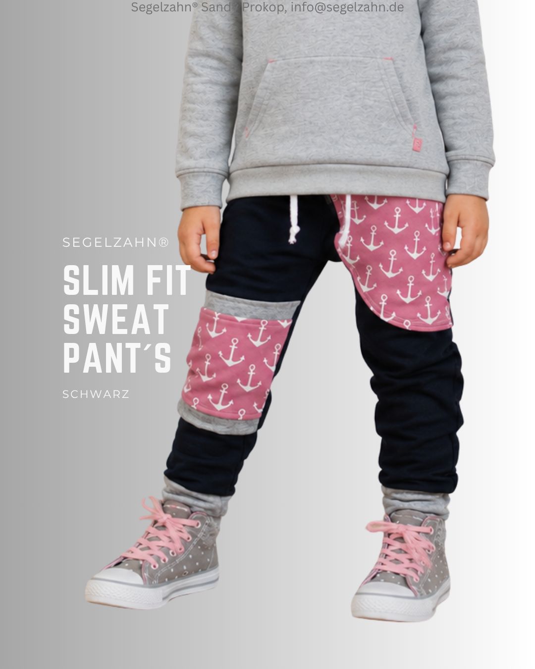 Slim Fit Sweat Hose Mädchen, Jogginghose Schwarz mit Seitentasche und Kniepatch Altrosa Anker