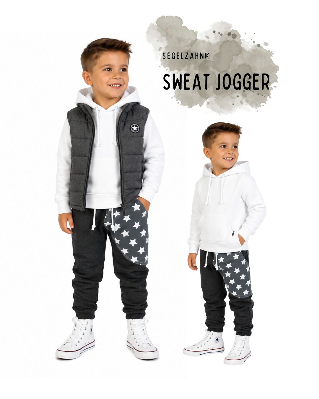 Sweat Hose Kinder Unisex Grau | Slim Fit Jogger | Mitwachshose Dunkelgrau Sterne | Jungen Mädchen Jogginghose | Kinderkleidung Sweat Hosen Dunkelgraue Kinder Jogginghose mit Sternen aus weichem French Terry, Unisex Mitwachshose mit Bündchen
