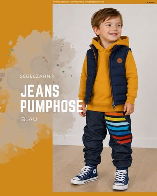 Kinder Jeans Pumphose Blau – Unisex Mitwachshose für Jungen und Mädchen - Segelzahn Jeanshose Kinder trägt dunkelblaue Jeans Pumphose mit farbenfroher Seitentasche, gelbem Hoodie und dunkelblauer Weste