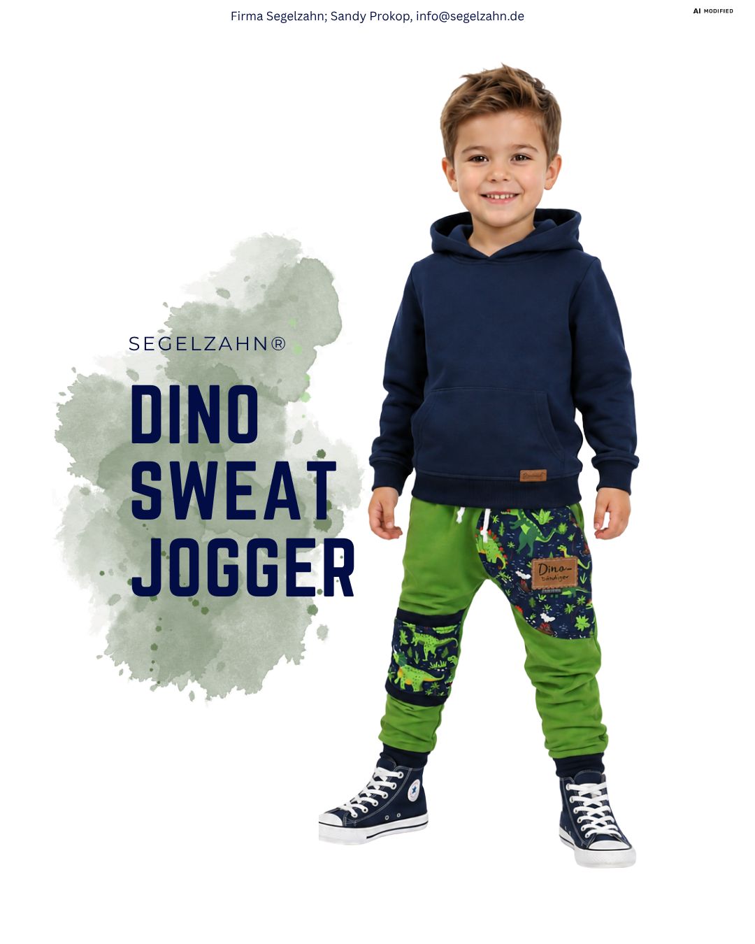 Dino Sweat Hose Grün | Kinder Jogginghose Unisex | Mitwachshose- Joggers Grüne Kinder Sweat Hose mit Dino Seitentasche und blauen Mitwachsbündchen aus weichem French Terry