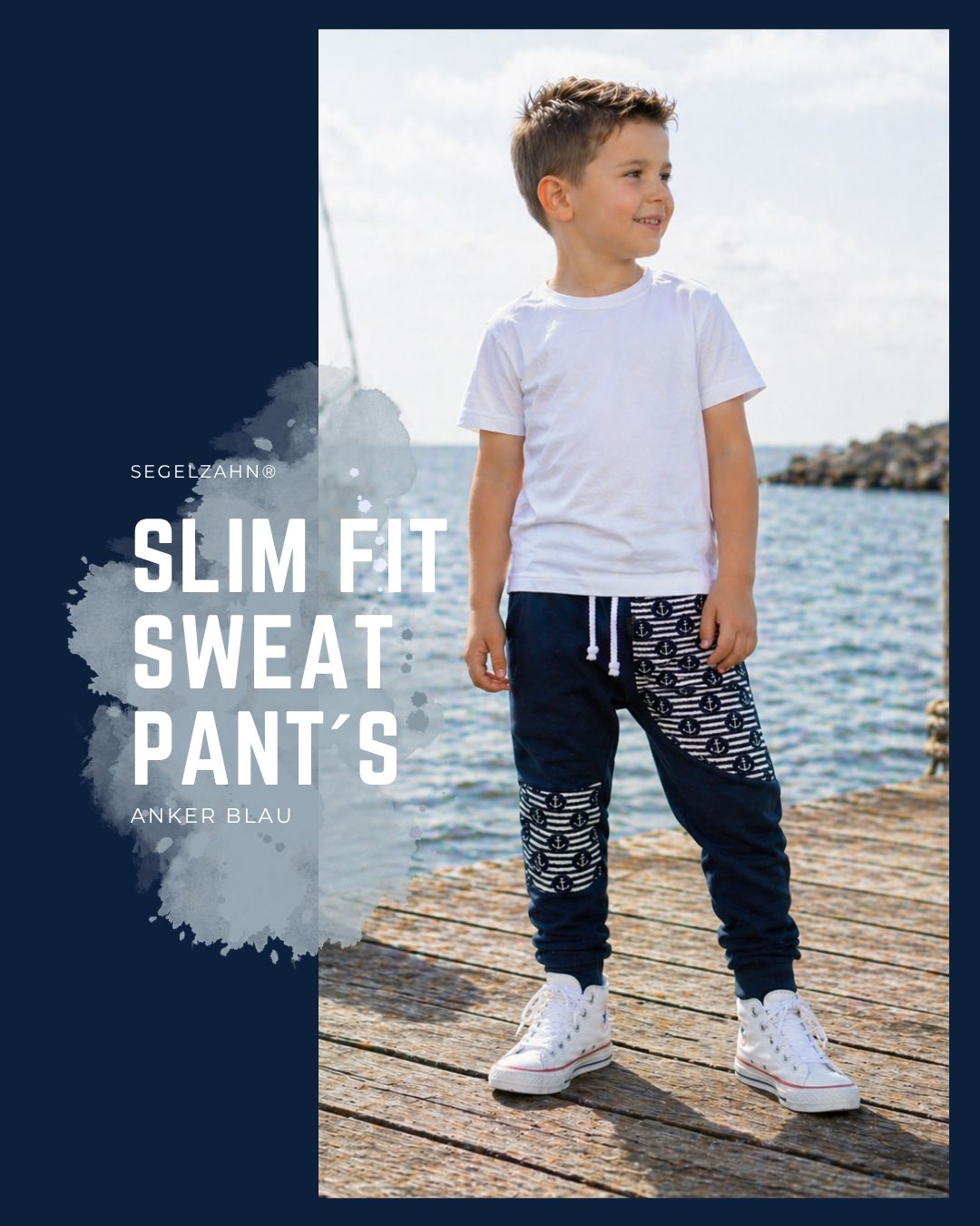 Slim Fit Hose Kinder, Sweat Jogger Unisex Blau Kinderhose aus Dunkelblauem French Terry Sweatstoff mit Anker Seitentasche