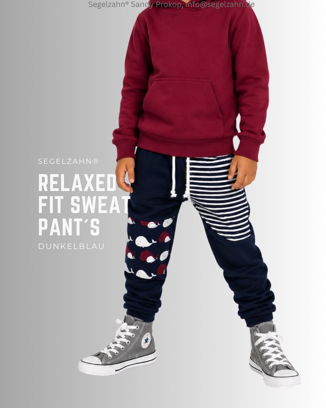 Kinder Sweat Hose Relaxed Fit | Unisex Jogginghose | Dunkelblau | Junge Mädchen Sweathose | Segelzahn Kinderkleidung | Slim Fit Hosen Slim Fit Sweat Hose Kinder Dunkelblau, Unisex Kinderhose mit blau gestreifter Seitentasche, Kniepatch mit Walmotiv-Softbündch