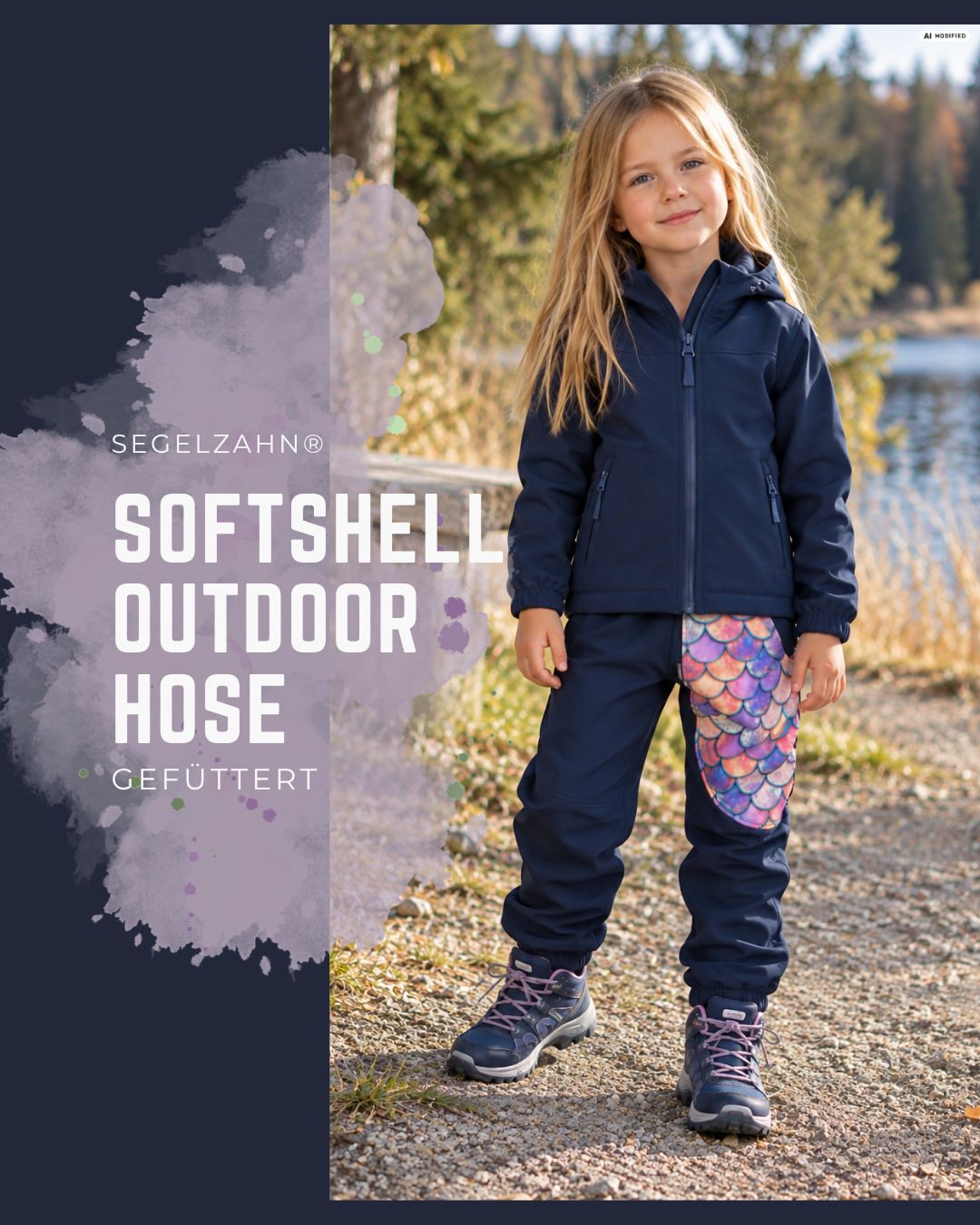 Gefütterte Softshellhose Mädchen Blau | Meerjungfrau | Outdoorhose Kinder | Mitwachsende Pumphose warm für Kita und Waldkindergarten Gefütterte Mädchen-Outdoorhose in Dunkelblau mit bunter Meerjungfrau-Schuppen-Tasche beim Spaziergang im herbstlichen Wald.