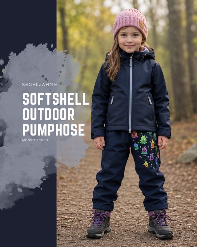 Softshellhose Kinder Blau | Gefütterte Regenhose | Outdoorhose Matschhose | Jungen Mädchen | Monster | Gefütterte Softshellhose für Kinder in Blau mit Monsterchen Seitentasche von SEGELZAHN Handmade Kindermode