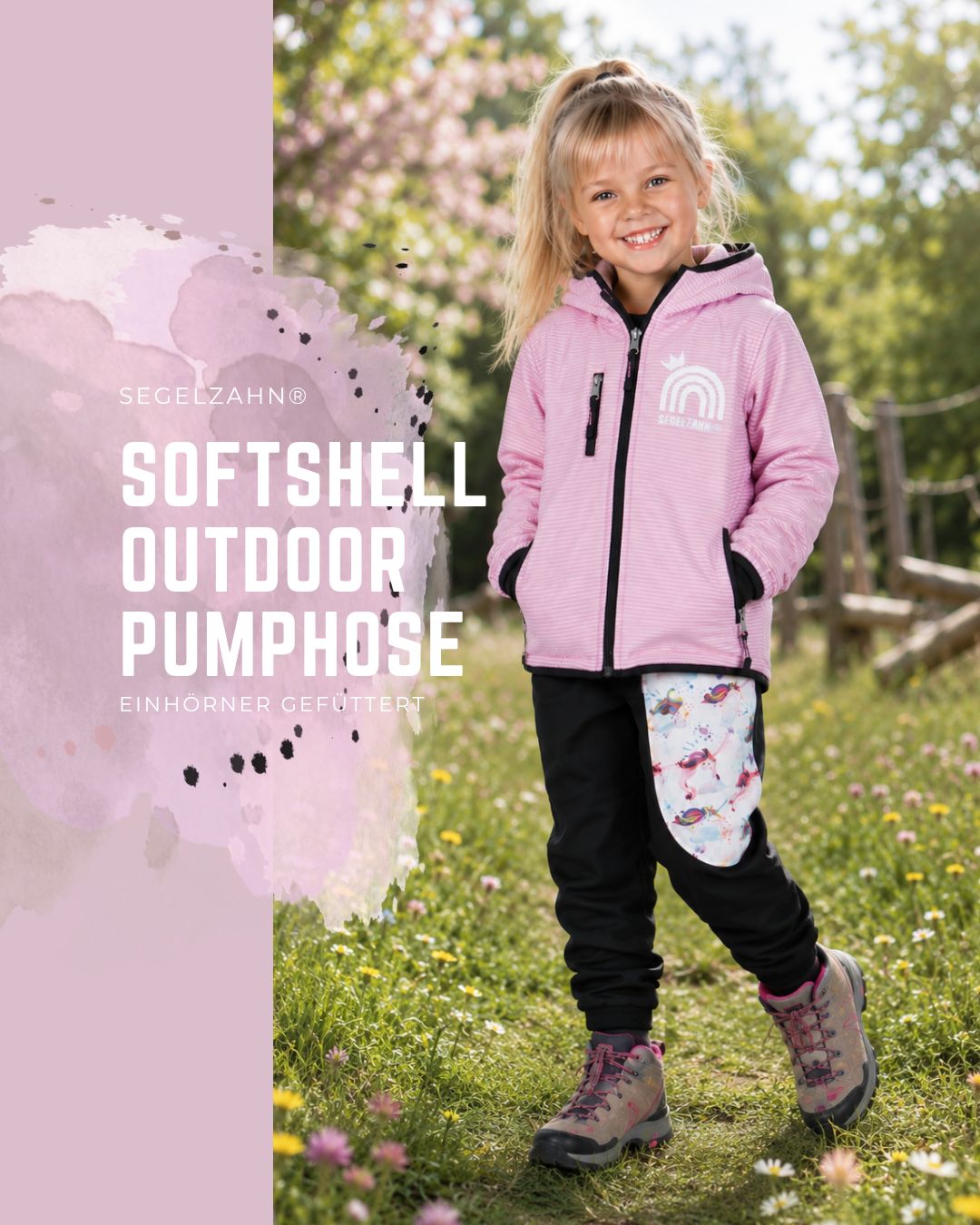 Softshellhose Mädchen Einhörner gefüttert | Regenhose Kinder Schwarz | Outdoorhose Kind Baby Gefütterte schwarze Softshellhose für Mädchen mit großer Einhorntasche, Mitwachsbündchen und bequemer Passform