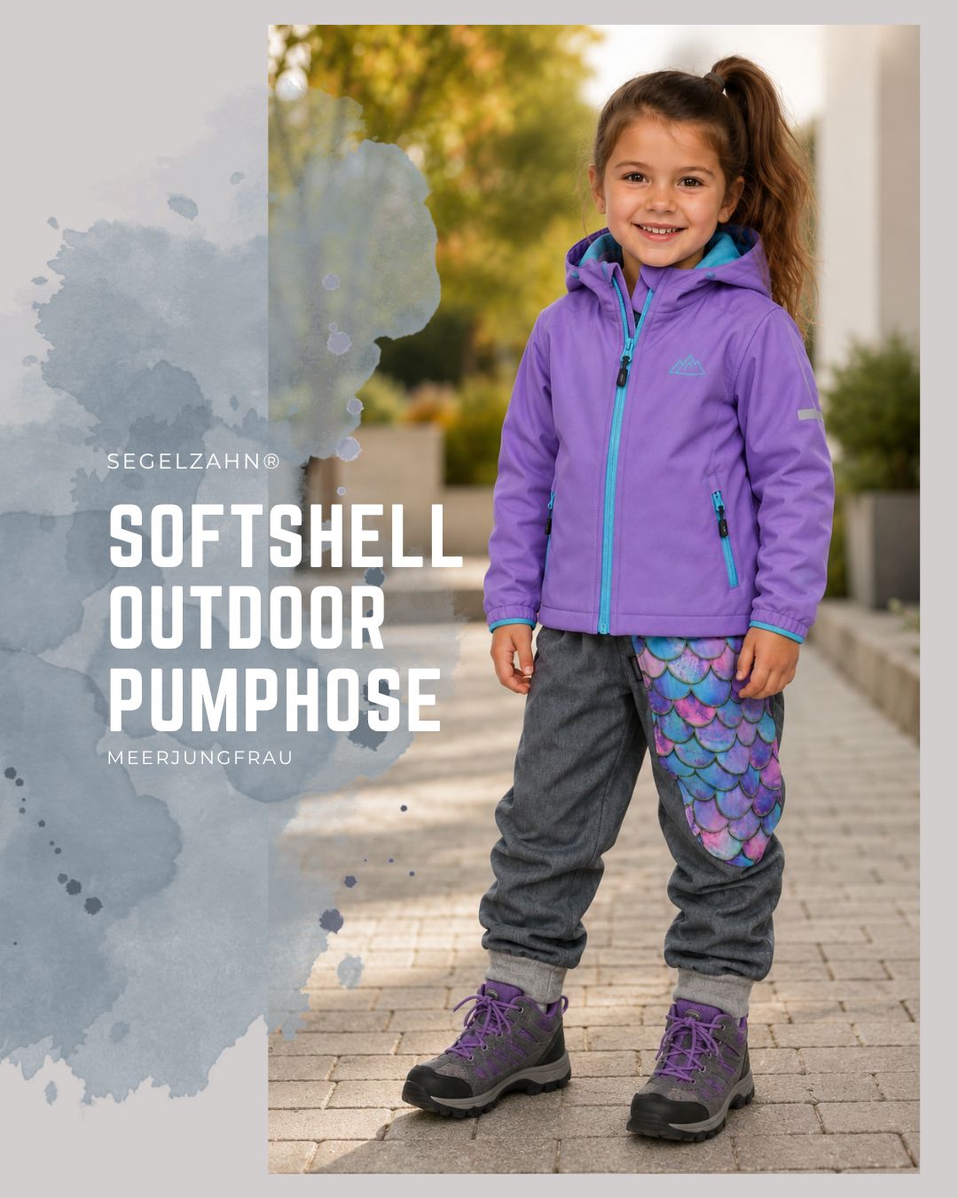 Softshellhose Mädchen gefüttert | Matschhose Kinder | Regenhose Grau | Outdoorhose Meerjungfrau, Buddelhose Waldkindergarten | Pumphose Softshellhose Mädchen gefüttert in Grau mit Meerjungfrau-Schuppen-Tasche. Wasserabweisende Outdoorhose für Kinder