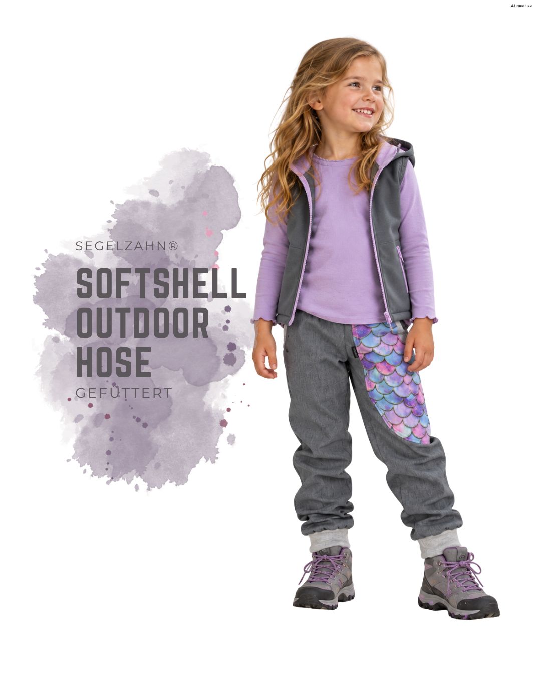 Softshellhose Mädchen gefüttert | Matschhose Kinder | Regenhose Grau | Outdoorhose Meerjungfrau, Buddelhose Waldkindergarten | Pumphose Kinder Softshellhose in Grau meliert mit buntem pastellfarbenem Meerjungfrau-Schuppenmotiv am Bein, hellgrauem meliertem Bauc