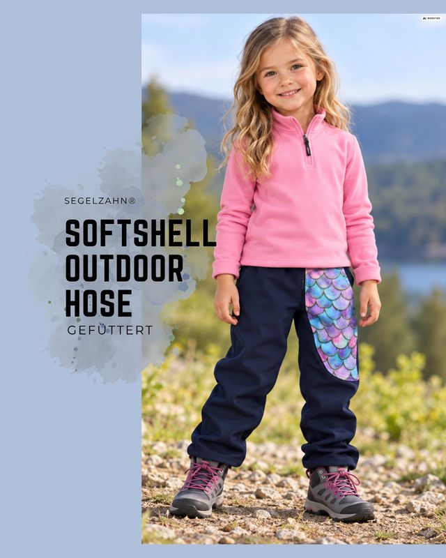 gefütterte Softshellhose für Mädchen in Blau mit einer Seitentasche mit Meerjungfrau Schuppen Motiv