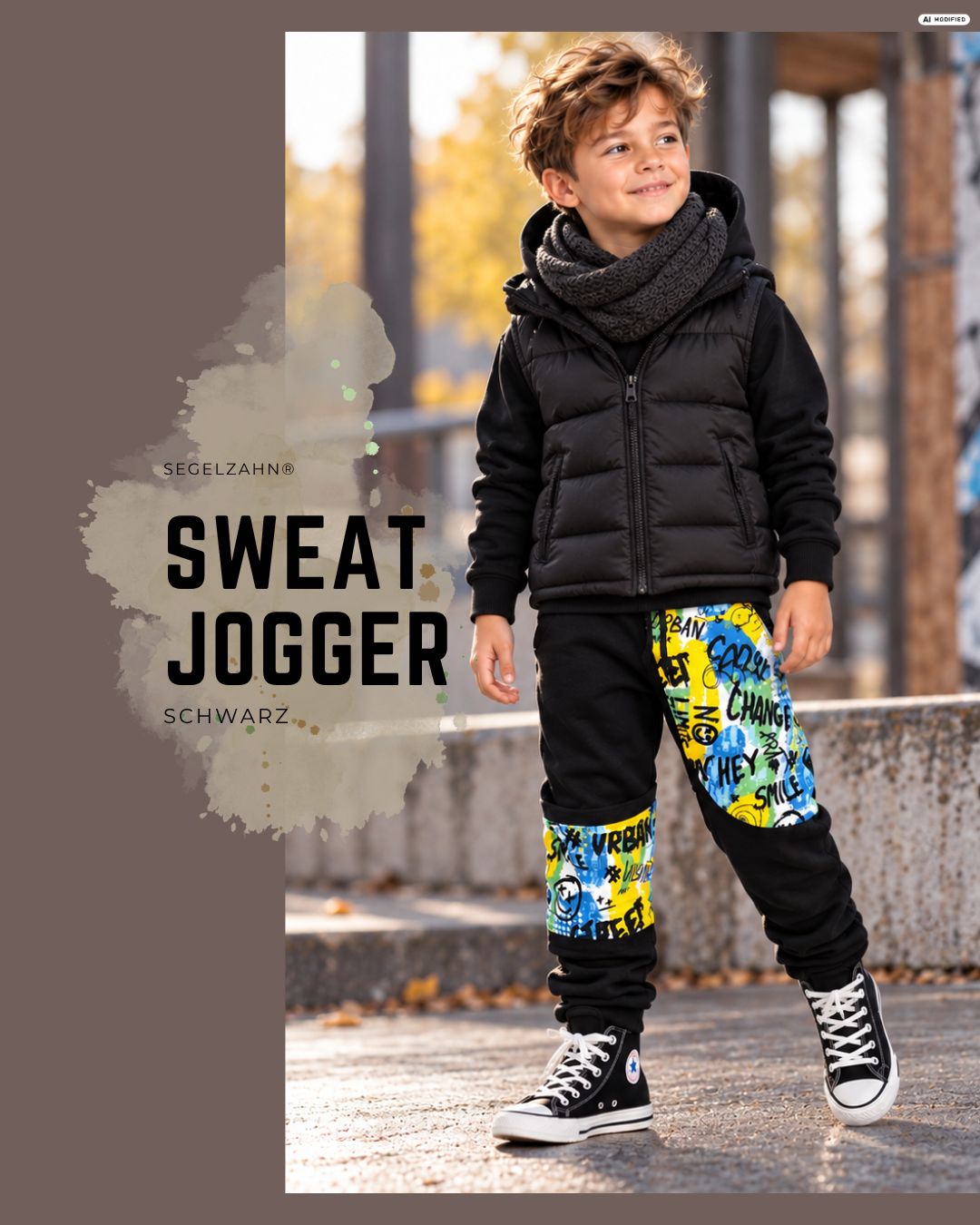 Sweat Hose Kinder | Schwarz Unisex | Slim Fit Jogginghose Kind Baby Junge | Mitwachshose Kita Waldkindergarten Schwarze Kinderhose mit Graffiti-Patches für Kindergarten, Schule, Spielplatz und aktive Freizeit.