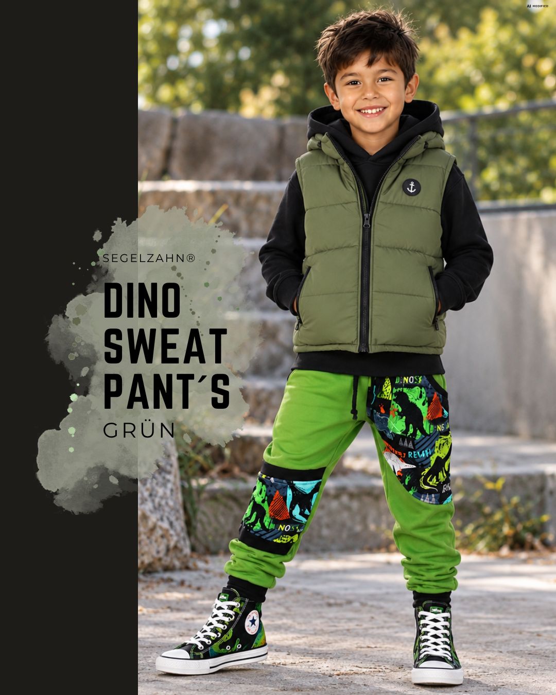 Dino Sweat Hose Kinder | Grüne Mitwachshose Unisex für Jungen und Mädchen Dino Hose für Jungen und Mädchen in leuchtendem Grün mit schwarzer Dino-Motivstoff-Tasche und Kniepatches.