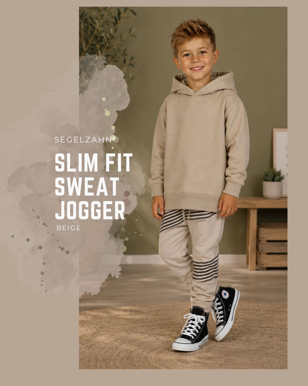 Slim Fit Sweat Hose Kinder | Unisex | Beige | Jogginghose für Jungen und Mädchen | Leinen | gestreift | Slim Fit Sweat Hose Kinder Beige, Unisex Jogger mit Leinendetails gestreift beige , Dekobändern und Softbündchen, Kinderhose