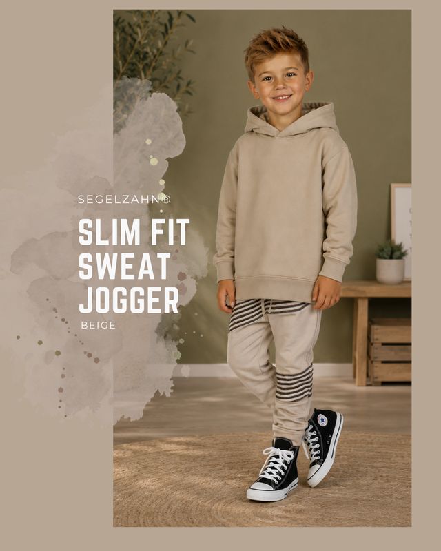 Slim Fit Sweat Hose Kinder | Unisex | Beige | Jogginghose für Jungen und Mädchen | Leinen | gestreift | Slim Fit Sweat Hose Kinder Beige, Unisex Jogger mit Leinendetails gestreift beige , Dekobändern und Softbündchen, Kinderhose