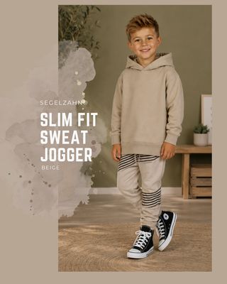 Slim Fit Sweat Hose Kinder Beige, Unisex Jogger mit Leinendetails gestreift beige , Dekobändern und Softbündchen, Kinderhose 