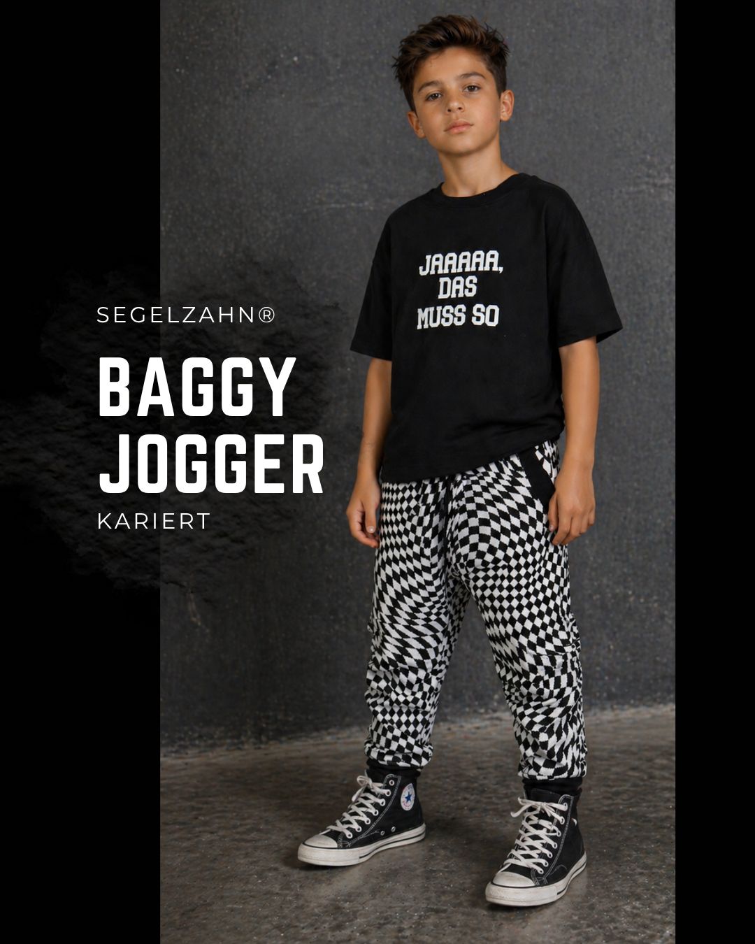 Baggy Hose Kinder, Jacquard Kariert Schwarz Weiß mit Seitentasche, Dekobändern und Softbündchen in Schwarz, cool und lässig 