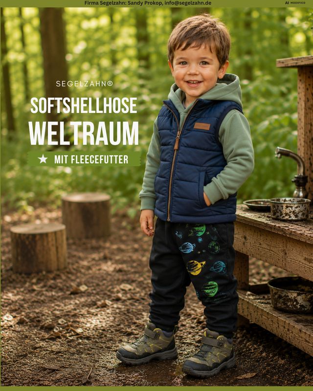 Softshellhose Kinder gefüttert mit Fleece | Weltraum | Outdoor Matschhose | Wasserabweisend | Windabweisend Kleinkind trägt gefütterte Softshellhose mit Weltraummotiv beim Spielen an einer Outdoor-Matschküche im Wald.
