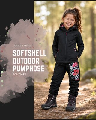 Warme Softshellhose Mädchen gefüttert Schwarz | Kinderhose Outdoor Regenhose | Pumphose Kinder | Matschhose | Übergangshose Kind und Baby Mädchen trägt schwarze gefütterte Softshellhose mit Zebra-Floral-Motiv beim Outdoor-Abenteuer im Wald