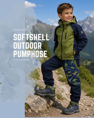 ind trägt blaue Softshellhose mit Dino-Tasche beim Wandern in den Bergen
