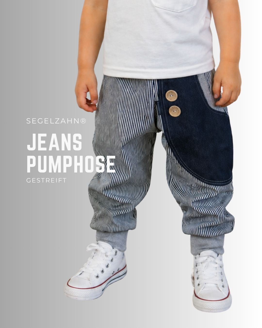 gestreifte Jeans Pumphose für Kinder, Unisex Jeanshose für Jungen und Mädchen mit blauer Seitentasche und Softbündchen Grau