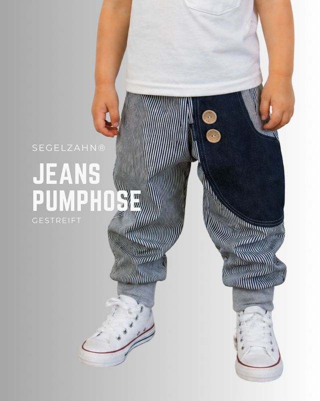 gestreifte Jeans Pumphose für Kinder, Unisex Jeanshose für Jungen und Mädchen mit blauer Seitentasche und Softbündchen Grau
