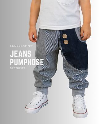 gestreifte Jeans Pumphose für Kinder, Unisex Jeanshose für Jungen und Mädchen mit blauer Seitentasche und Softbündchen Grau