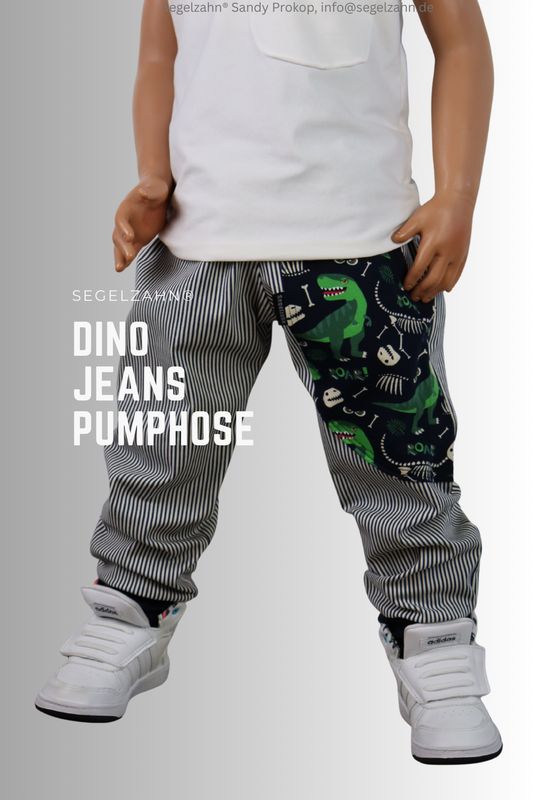 Jeans Hose Kinder, gestreifter Jeansstoff blau mit großer Dino Seitentasche , Grüne Dinos auf blauem Grund, gemütlich geschni