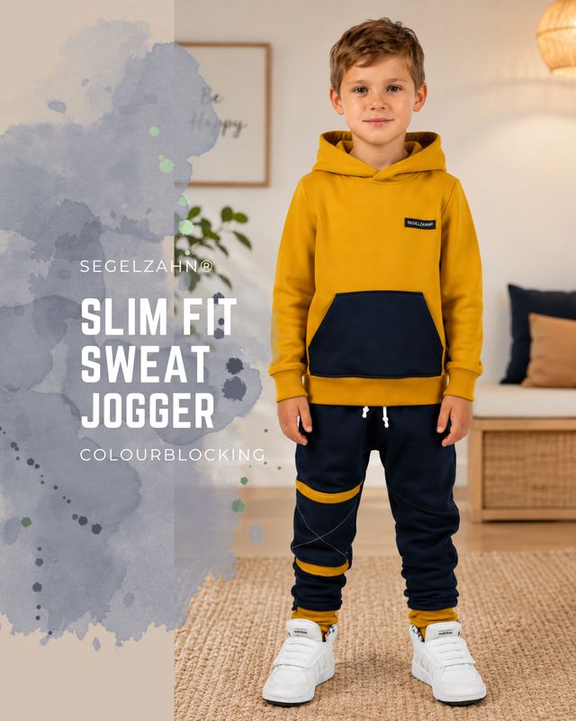 Slim Fit Sweat Hose Kinder | Jogginghose Blau Senfgelb | Sweathose Jungen Mädchen | Colourblocking Kinder Jogginghose in Navy und Senfgelb mit Colourblocking-Design, schmale Passform, bequeme Sweatpants