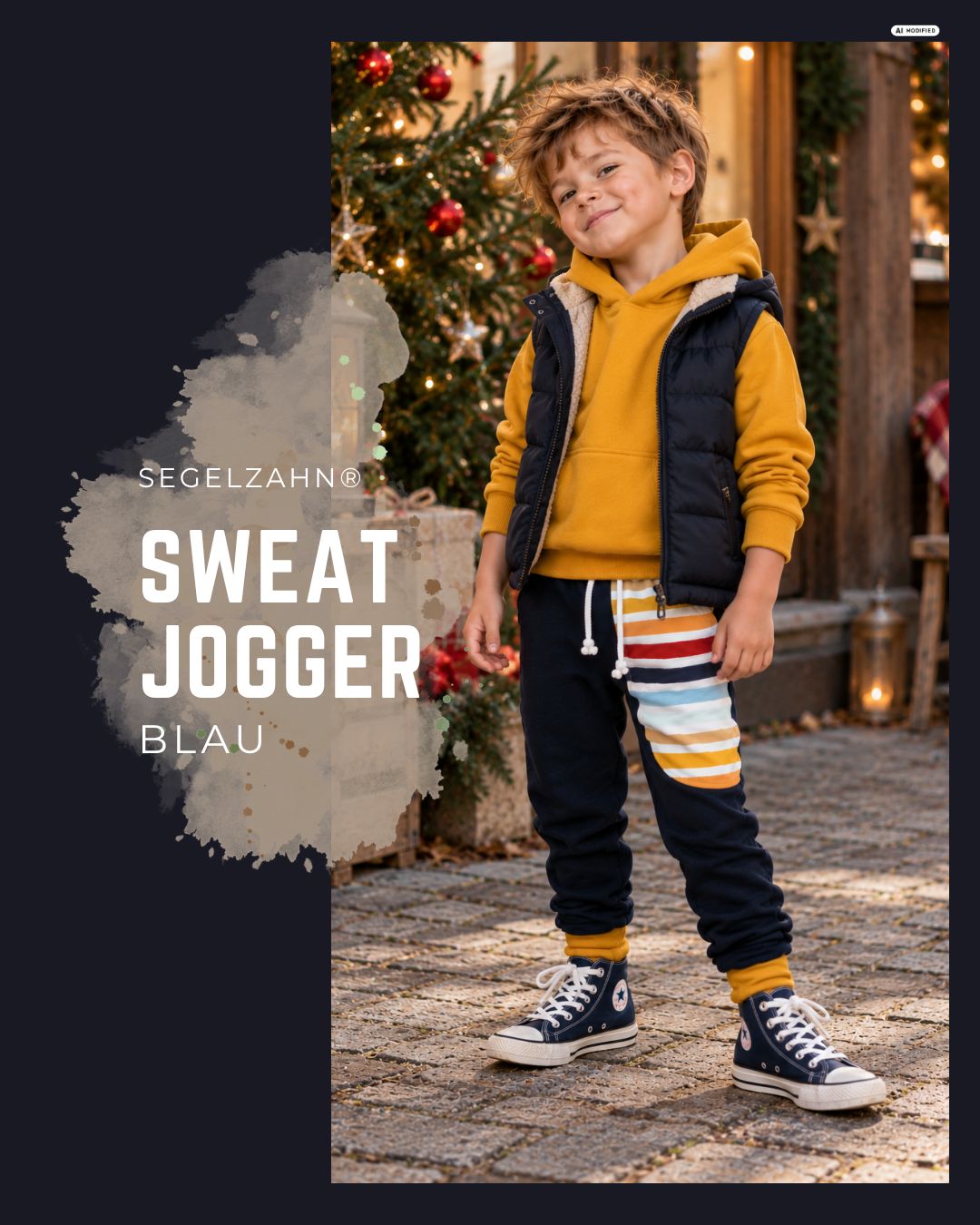 Sweat Hose Kinder blau | Jogginghose Unisex für Jungen und Mädchen | Mitwachshose Kinderkleidung | Waldindergarten Kita Dunkelblaue Kinder-Jogginghose mit buntem Ringelstreifen und senfgelben Bündchen, kombiniert mit Hoodie und dunkelblauer West