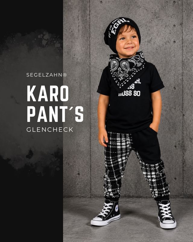 Kinderhose kariert Glencheck | Slim Fit Hose Kinder | Festlich & Bequem Slim Fit Hose Kinder kariert in Glencheck mit schwarzer Seitentasche, bequeme Unisex Kinderhose handmade