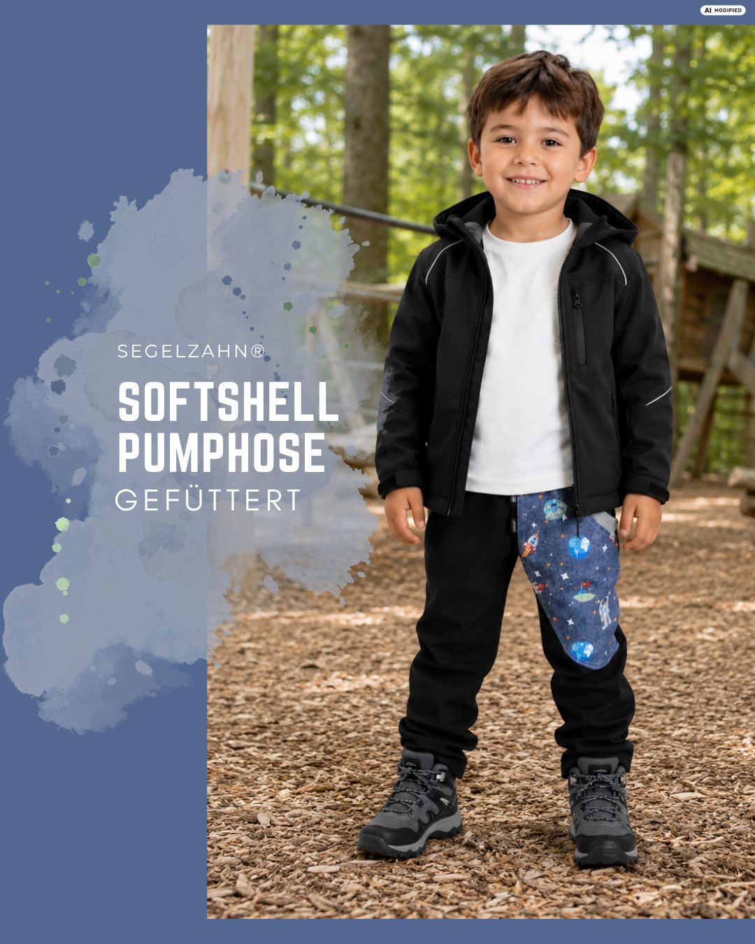 Softshellhose Kinder Schwarz mit Weltraum-Motiv, gefüttert mit Fleece, warme Outdoorhose, Regenhose, Matschhose und Buddelhos