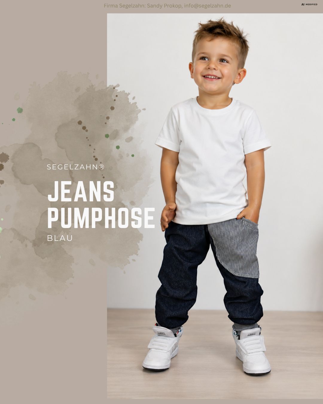 Kinderhose Jeans Pumphose Dunkelblau – Mitwachshose Unisex mit gestreifter Seitentasche | Jungen Mädchen | Jeanshose Kinderhose als Vorder- und Rückansicht mit dunkelblauer Jeans Pumphose, gestreifter Seitentasche und bequemer Passform.