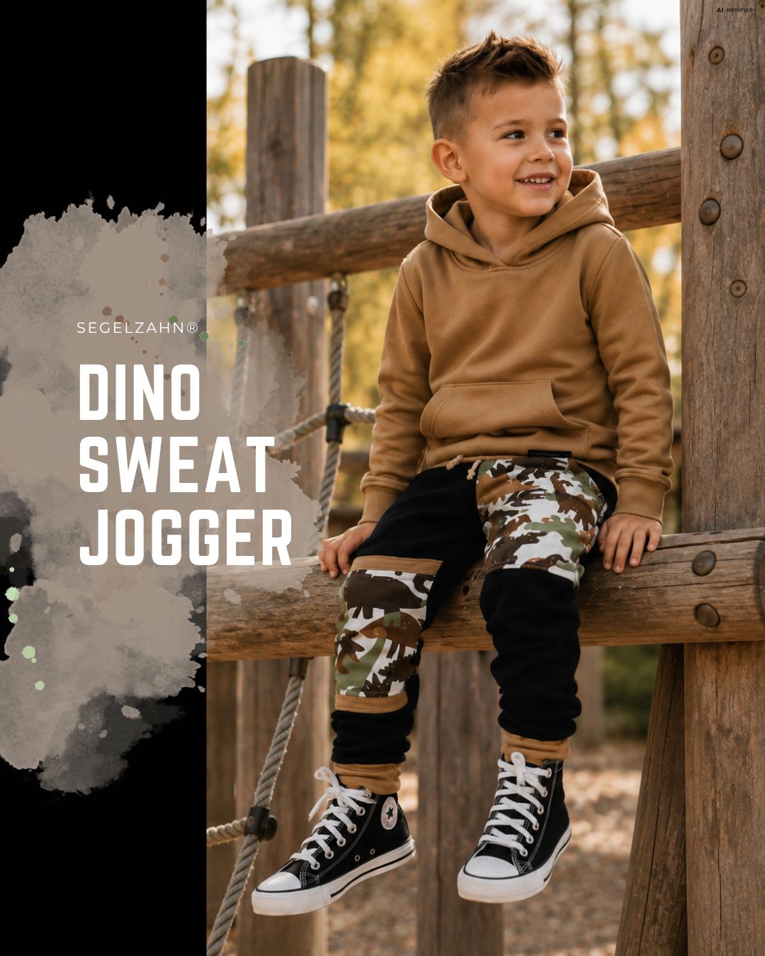 Kinder Jogginghose Dino | Sweat Hose Kinder | Mitwachshose Junge Mädchen | Dinosaurier Hose | Sweat Jogger | Handmade Junge sitzt auf einem Klettergerüst und trägt eine bequeme Kinder Sweat Hose mit Dinosaurier-Camouflage und Hoodie.