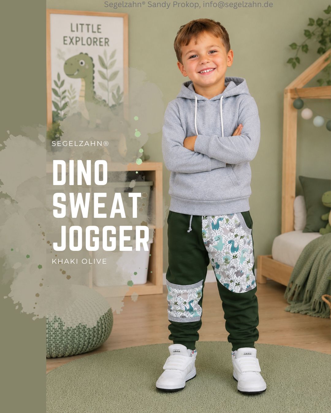 Dino Sweat Hose Kinder – Slim Fit Jogger in Khaki Olive | Bequeme Mitwachshose für Jungen & Mädchen Kinder Dino Jogginghose Khaki Olive – Bequeme Sweatpants für Jungen mit Coolen Dino Details