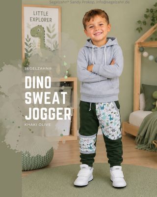 Dino Sweat Hose Kinder – Slim Fit Jogger in Khaki Olive | Bequeme Mitwachshose für Jungen & Mädchen Kinder Dino Jogginghose Khaki Olive – Bequeme Sweatpants für Jungen mit Coolen Dino Details